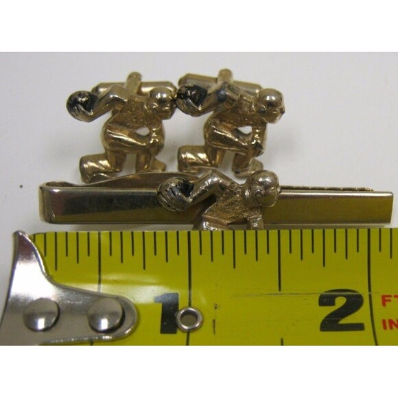 Vintage MOD 1960s Bowling Bowler Men's Cuff Links & Tie Clasp Clip Set Rare - Picture 7 of 7
